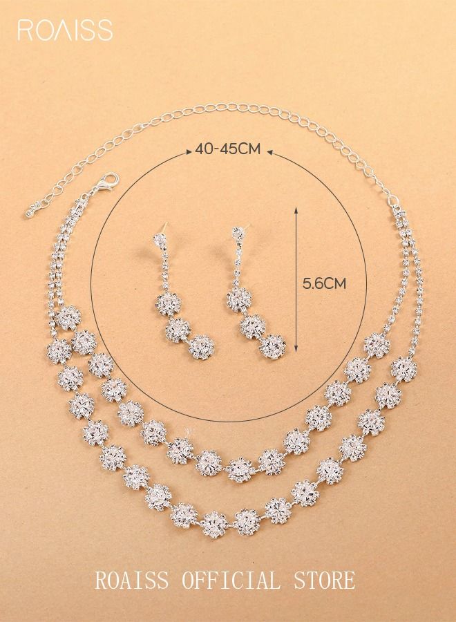roaiss 3 Pcs Necklace Earrings Set Flowers Charm Layered Chain Ear Dangle Bridal Evening Dress Accessories for Women Silver/Clear  - Image 5
