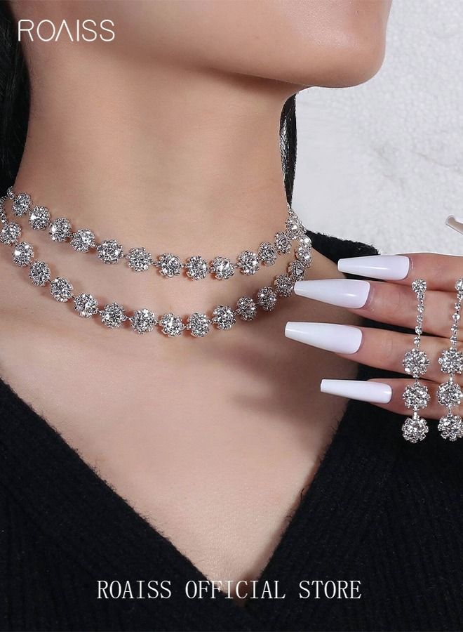 roaiss 3 Pcs Necklace Earrings Set Flowers Charm Layered Chain Ear Dangle Bridal Evening Dress Accessories for Women Silver/Clear  - Image 1