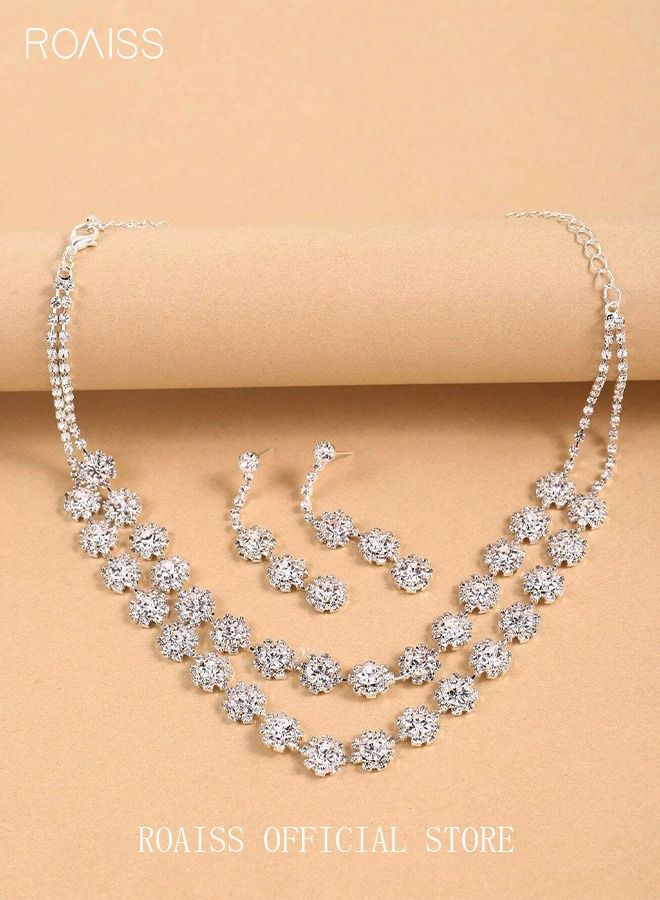 roaiss 3 Pcs Necklace Earrings Set Flowers Charm Layered Chain Ear Dangle Bridal Evening Dress Accessories for Women Silver/Clear  - Image 2