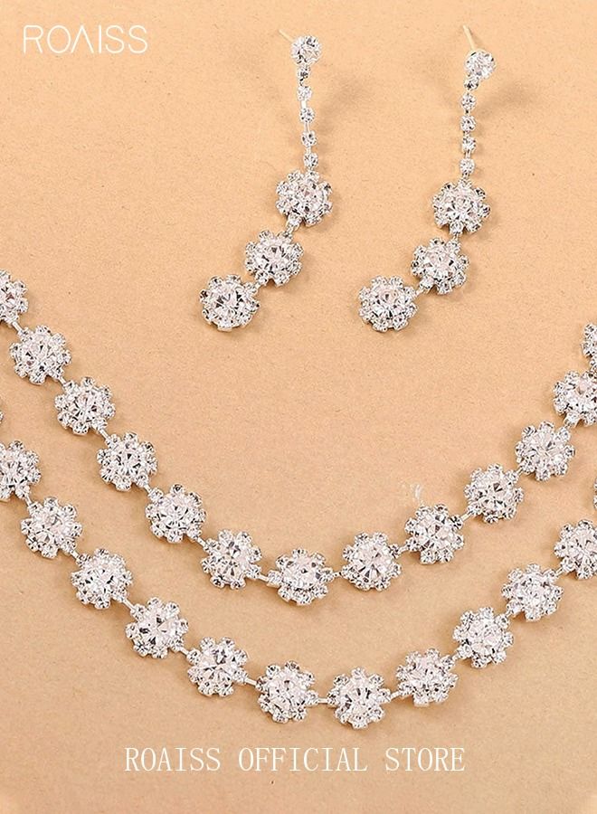 roaiss 3 Pcs Necklace Earrings Set Flowers Charm Layered Chain Ear Dangle Bridal Evening Dress Accessories for Women Silver/Clear  - Image 4