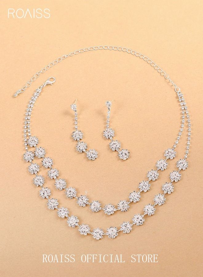 roaiss 3 Pcs Necklace Earrings Set Flowers Charm Layered Chain Ear Dangle Bridal Evening Dress Accessories for Women Silver/Clear  - Image 3