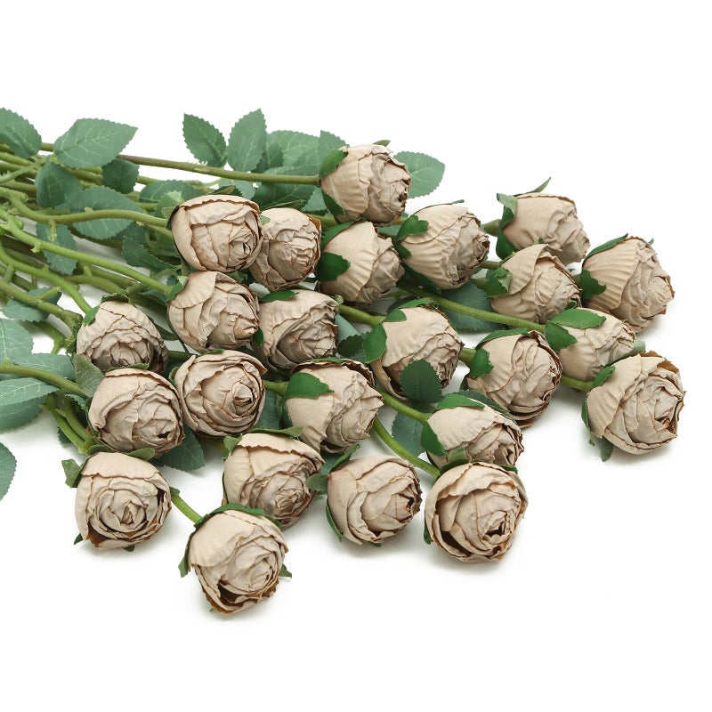 DuHouse 24pcs Artificial Vintage Roses Fake Mini Silk Rose Flowers with Long Stem for DIY Bouquets Wedding Centerpiece Party Home Kitchen Decoration(Coffee) - Image 1