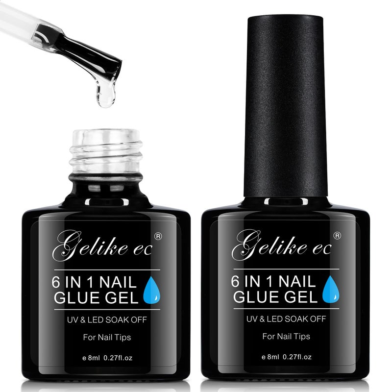 Gelike EC 6 in 1 Nail Glue Gel: 2 Pcs Gel Nail Polish for Press on Nails - Nail Glue Strong Easy and Long Last for False Acrylic Tip - Base Coat for Salon Home Polish - Image 1