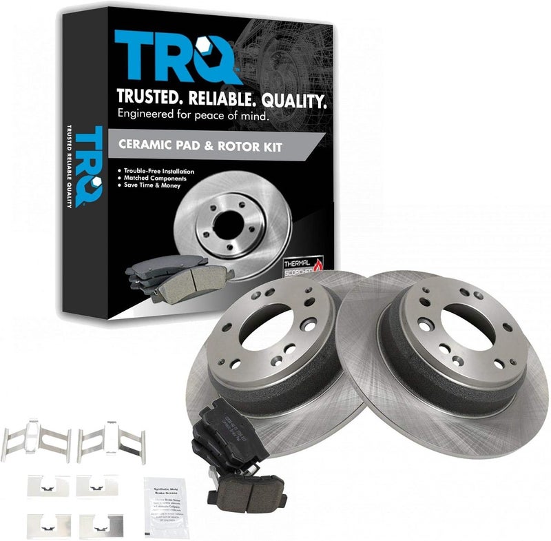 TRQ Rear Brake Pad & Rotor Kit Brake Pads Brake Rotor Ceramic Compatible with 1991-1995 Acura Legend 1996-1998 RL 1995-1998 Honda Odyssey 1996-1999 Isuzu Oasis - Image 1
