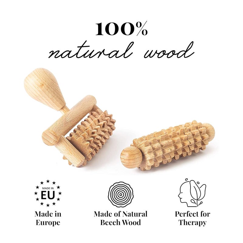 tuuli رولر خشبي للجسم والوجه متعدد الوظائف يساعد في تخفيف توتر العضلات ودعم صحة البشرة أدوات تدليك الوجه الطبيعية مجموعة من 2 قطعة - Image 3