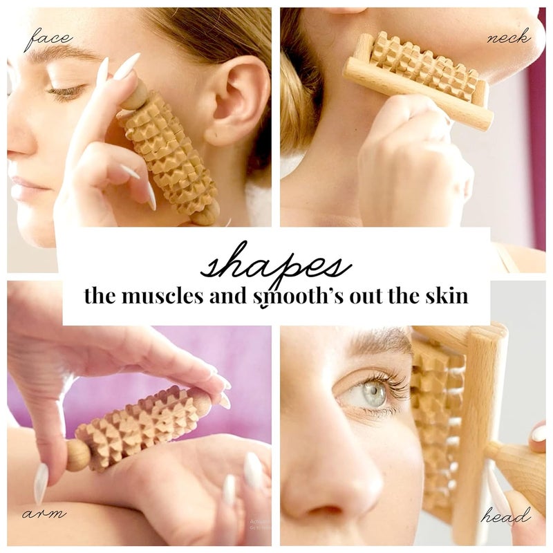 tuuli رولر خشبي للجسم والوجه متعدد الوظائف يساعد في تخفيف توتر العضلات ودعم صحة البشرة أدوات تدليك الوجه الطبيعية مجموعة من 2 قطعة - Image 4
