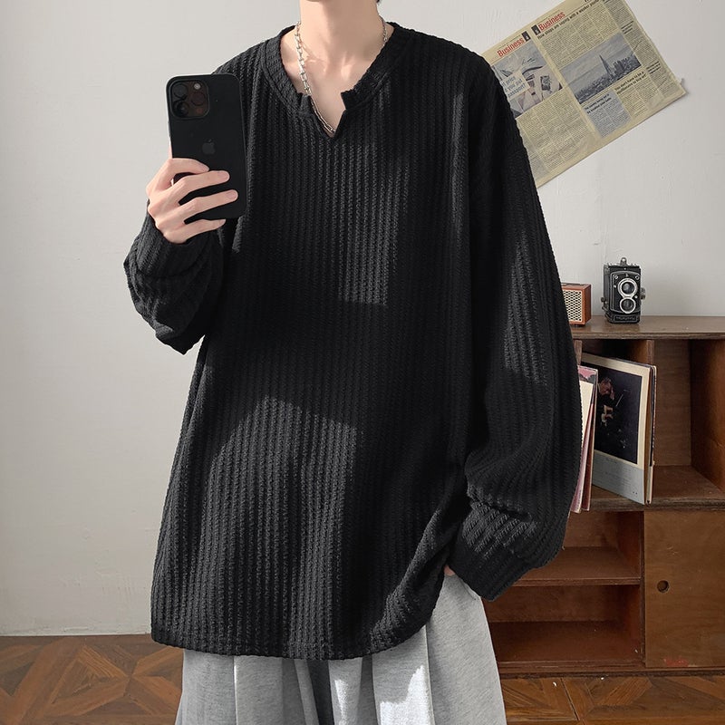 Textured Long-Sleeved T-Shirt For Men 2025 Spring & Fall New American Style Heavyweight Loose Youth Inner Layering Top - Image 1