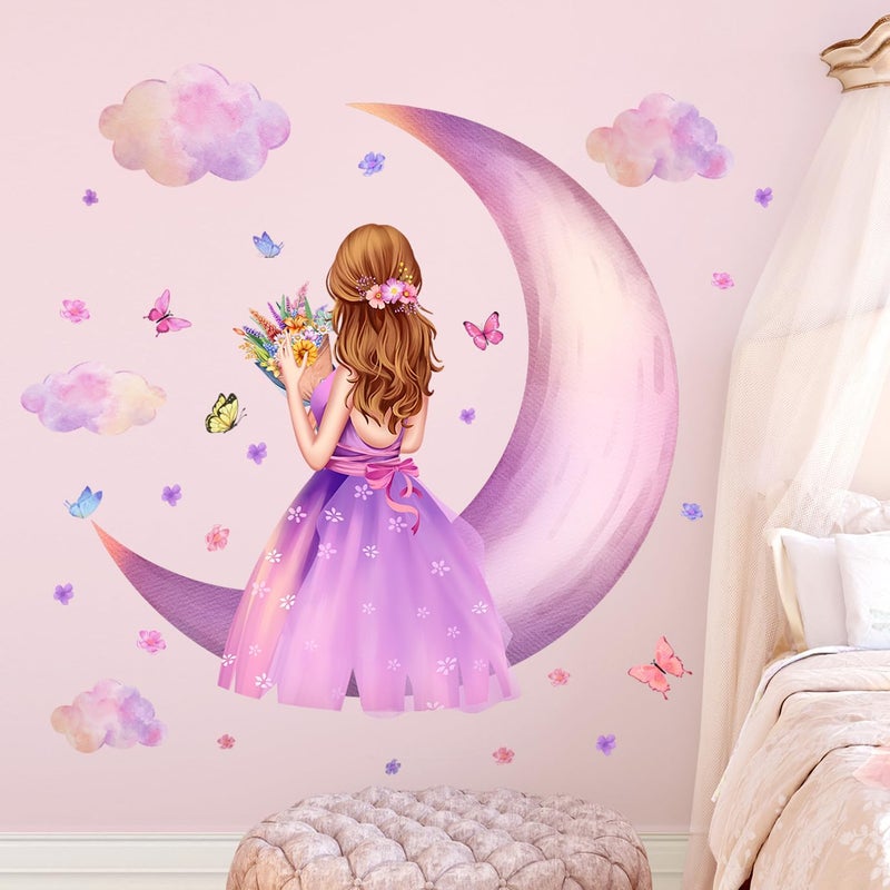 LiveGallery Removable 3D Princess Little Girl Wall Decal DIY Purple Butterfly and Moon Wall Decor Peel and Stick Clouds Wall Sticker for Kids Baby Girls Teens Nursery Bedroom Living Room Decoration (B) - Image 4