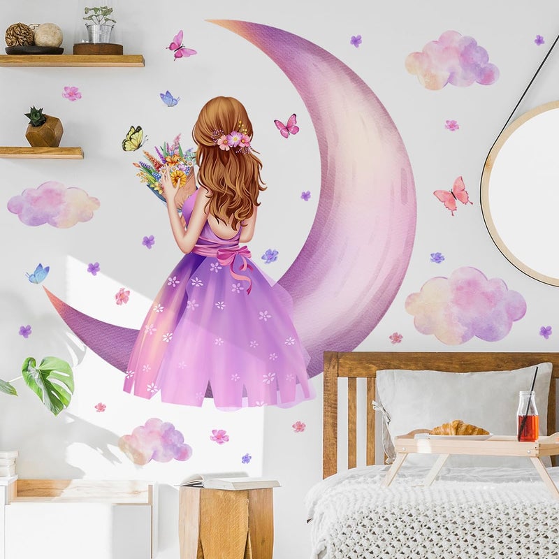 LiveGallery Removable 3D Princess Little Girl Wall Decal DIY Purple Butterfly and Moon Wall Decor Peel and Stick Clouds Wall Sticker for Kids Baby Girls Teens Nursery Bedroom Living Room Decoration (B) - Image 5