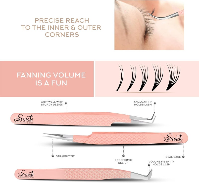 SIVOTE Lash Tweezers for Eyelash Extensions, Pack of 5 Peach – Lash Extension Tweezers Set with Diamond Grip, Precision Fiber Tip for Volume Eyelash Extensions - Image 2