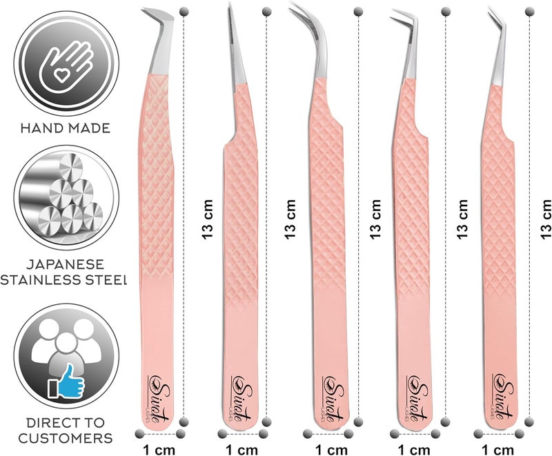 SIVOTE Lash Tweezers for Eyelash Extensions, Pack of 5 Peach – Lash Extension Tweezers Set with Diamond Grip, Precision Fiber Tip for Volume Eyelash Extensions - Image 4
