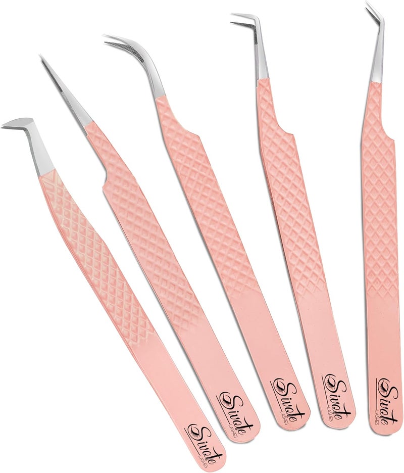 SIVOTE Lash Tweezers for Eyelash Extensions, Pack of 5 Peach – Lash Extension Tweezers Set with Diamond Grip, Precision Fiber Tip for Volume Eyelash Extensions - Image 1