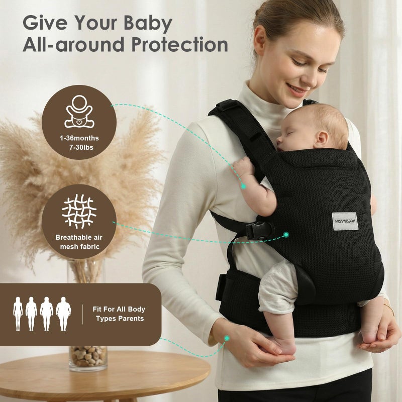 MISSWISDOM Baby Carrier Newborn to Toddler, Easy Adjustable Toddler Carrier for 7-30lbs, Baby Holder Wrap Carrier, Breathable Mesh Fabric Infant Kangaroo Hip Carriers with Lumbar Support, Black - Image 3