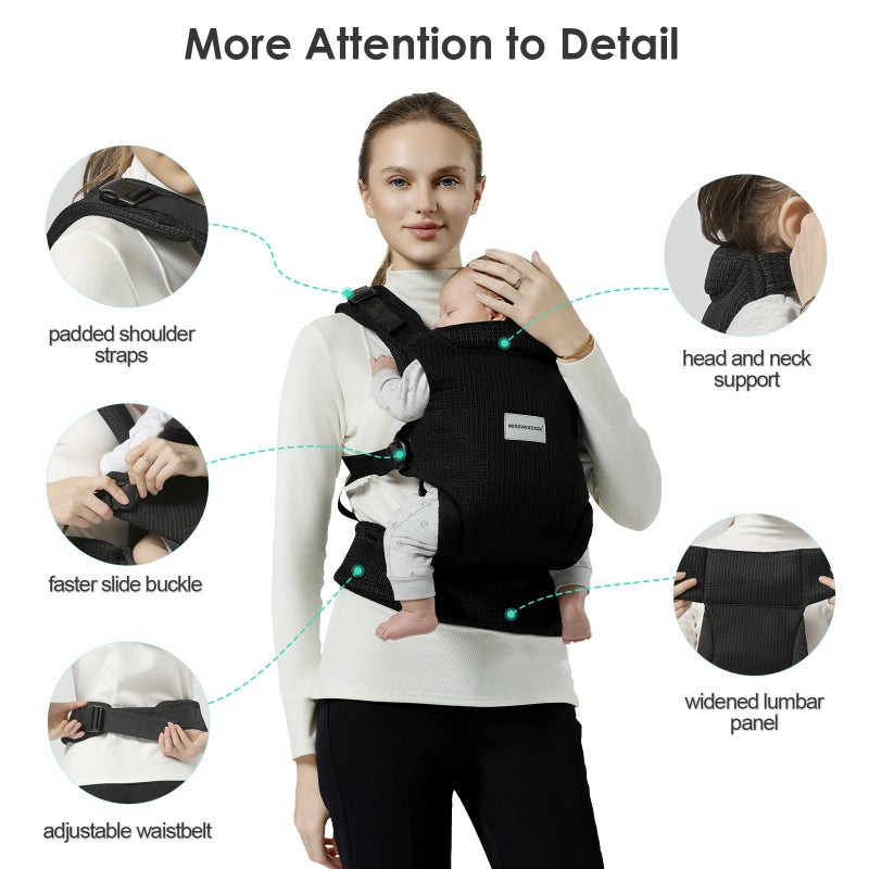 MISSWISDOM Baby Carrier Newborn to Toddler, Easy Adjustable Toddler Carrier for 7-30lbs, Baby Holder Wrap Carrier, Breathable Mesh Fabric Infant Kangaroo Hip Carriers with Lumbar Support, Black - Image 2