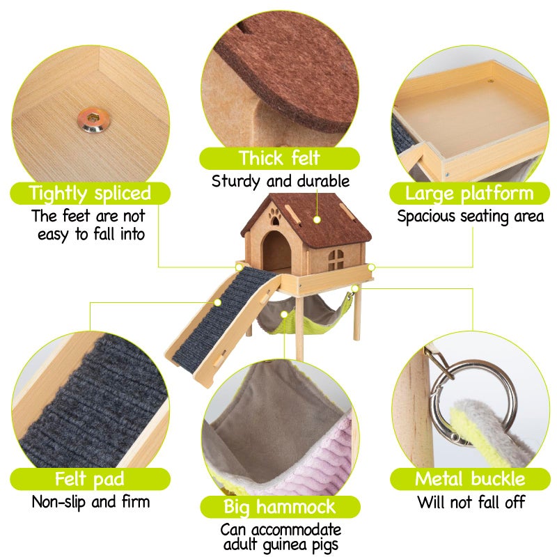 BESNEW 3 in 1 Enlarged Guinea Pig Hammock,Wooden Guinea Pig Hideout with House & Platform & Stairs Small Animal Toys for Hiding Sleeping Activities - Image 5