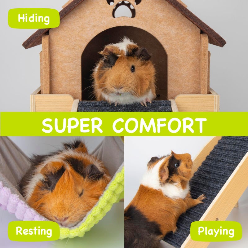 BESNEW 3 in 1 Enlarged Guinea Pig Hammock,Wooden Guinea Pig Hideout with House & Platform & Stairs Small Animal Toys for Hiding Sleeping Activities - Image 3