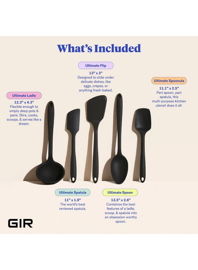 جير مجموعة أدوات المطبخ GIR: Get It Right المصنوعة من السيليكون الفاخر، والمكونة من 5 قطع - أدوات مطبخ غير لاصقة ومقاومة للحرارة للطهي والتقديم - ملعقة مسطحة من السيليكون، وقلاب/مقلاة، وملعقة مسطحة - لون أسود (GIRBDLE5UP111BLK)  - Image 2