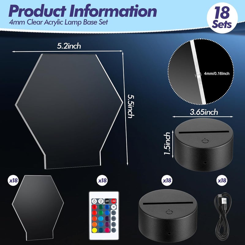 Hortsun 18 Sets 3D Night LED Light Lamp Base with 18 Pieces Blank Acrylic Sheet 16 Colors LED Light Display Base with Remote Control and USB Party Decorative Light Lamp Base for Home Shop Hexagon - Image 2