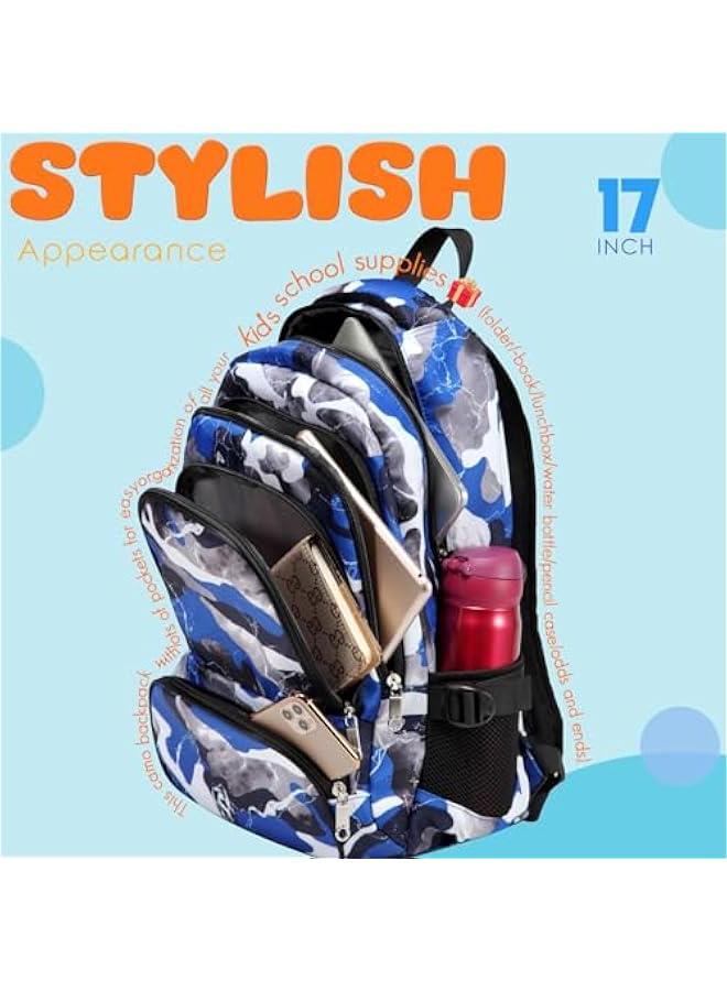 Arabest Kids Backpack for Boys Elementary Book Bags Primary Middle School Bookbags for Childs Water Resistant Back to School Gifts Son Mochila Escolares para Niños Aged 8-10 17 Inch Camo Blue  - Image 5