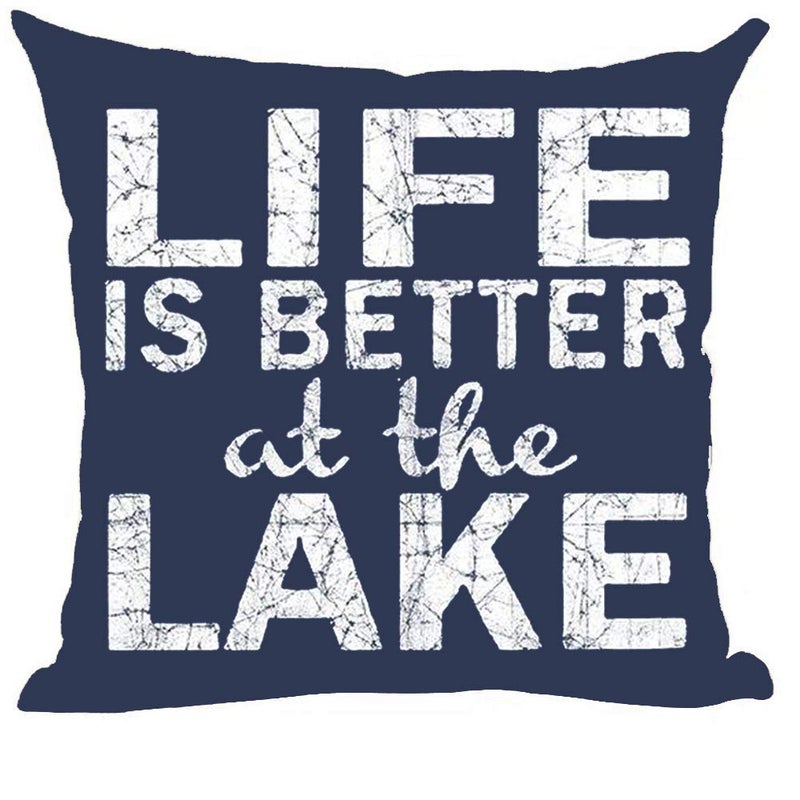 Ramirar Word Art Quote Life is Better at The Lake Retro Blue Background Summer Decorative Throw Pillow Cover Case Home Living Room Bed Sofa Car Cotton Linen Square 18 x 18 Inches
