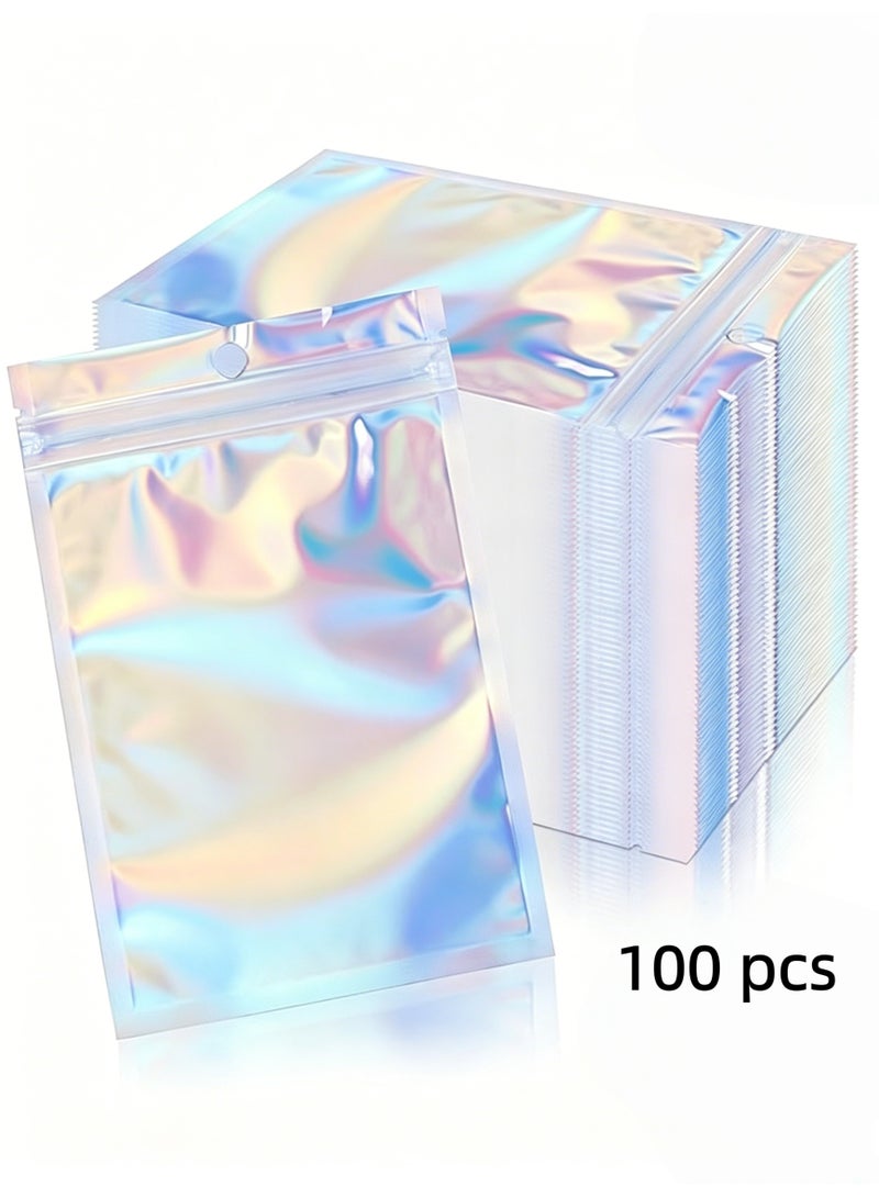 100PCS Resealable Storage Bags 10*7.5cm Small Holographic Packaging Bags for Jewelry, Snack, Food Storage, Clear Ziplock Bag with Front Window - Image 1