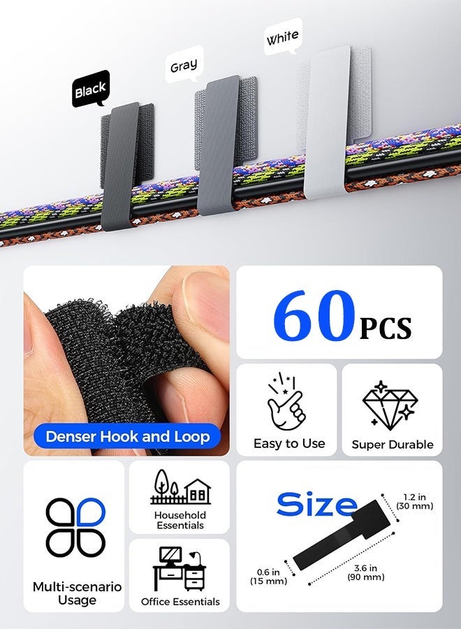 60 Pack Black Reusable Hook & Loop Adhesive Cable Ties, Adjustable Sticky-Back Cord Organizer Straps for Wire Management Home Office Kitchen Appliances Electronics Desk - Image 2