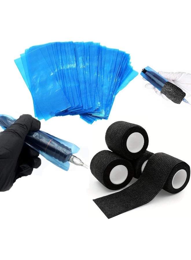 Tattoo Grip Tape, Machine Pen Covers with Grip Wraps, 200 Pcs Tattoo Machine Covers and 4 Pcs Disposable Tattoo Machine Tape Self-adhesive Bandage - Image 1