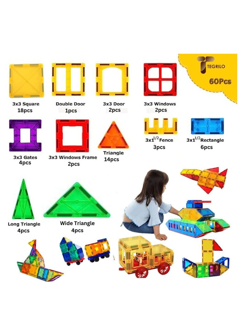 TEGRILO - 60 Pcs Magnetic Building Blocks 3D Kids Building Blocks Set Magnetic Building Construction Educational STEM Toys for Toddler - Image 1