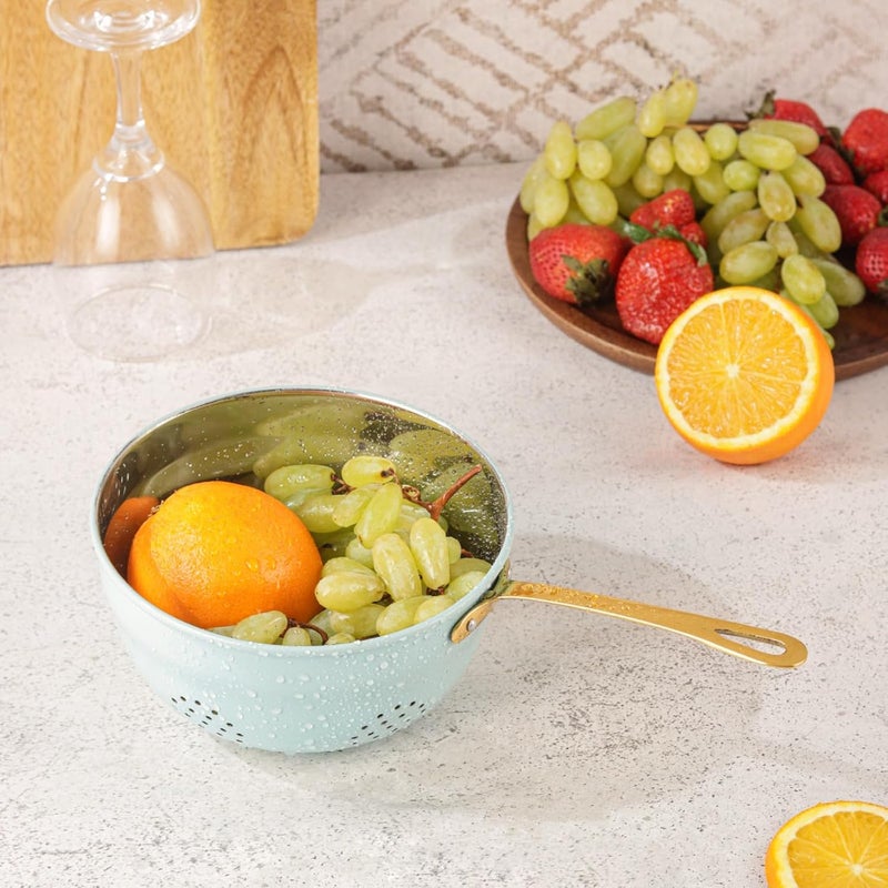 ALCU Colander with Brass Handle Blue Stylish MultiFunctional Kitchen Essential Stainless Steel Colander AntiRust Kitchen Items Colander for Washing Fruits Vegetables - Image 2