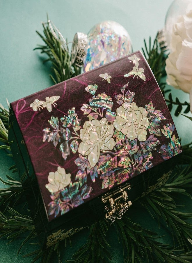 February Mountain Mother-of-Pearl Jewelry Box - Elegant Purple Lacquered Keepsake with Peony & Butterfly Design, Red Velvet Interior - Christmas, Birthday Gift, Unique Jewelry Organizer for Women - Image 4