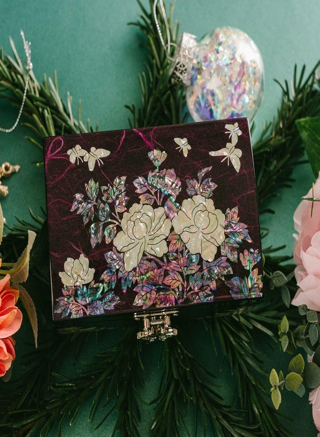 February Mountain Mother-of-Pearl Jewelry Box - Elegant Purple Lacquered Keepsake with Peony & Butterfly Design, Red Velvet Interior - Christmas, Birthday Gift, Unique Jewelry Organizer for Women - Image 3
