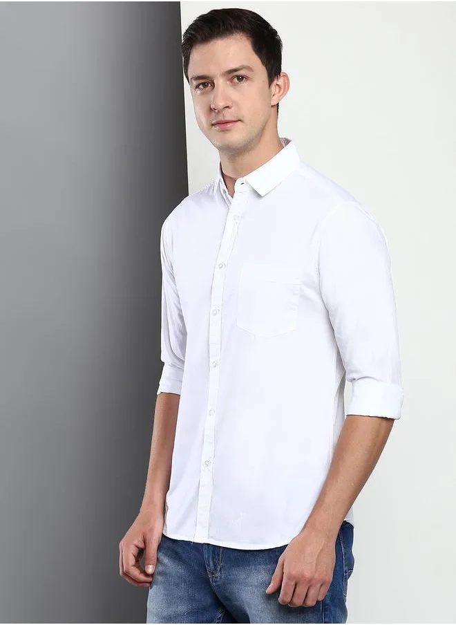 Dennis Lingo Slim Fit White Men's Casual Shirt, Spread Collar, Full Sleeves, 100% Cotton