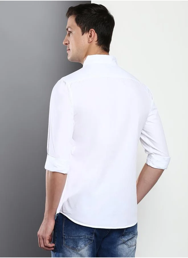 Dennis Lingo Slim Fit White Men's Casual Shirt, Spread Collar, Full Sleeves, 100% Cotton