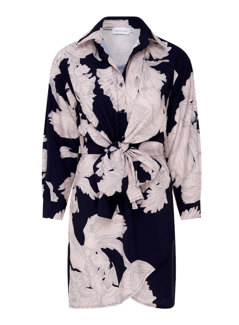 Needs No Label  Navy Leaf Tie Front Shirt Dress for Women | Best Price UAE