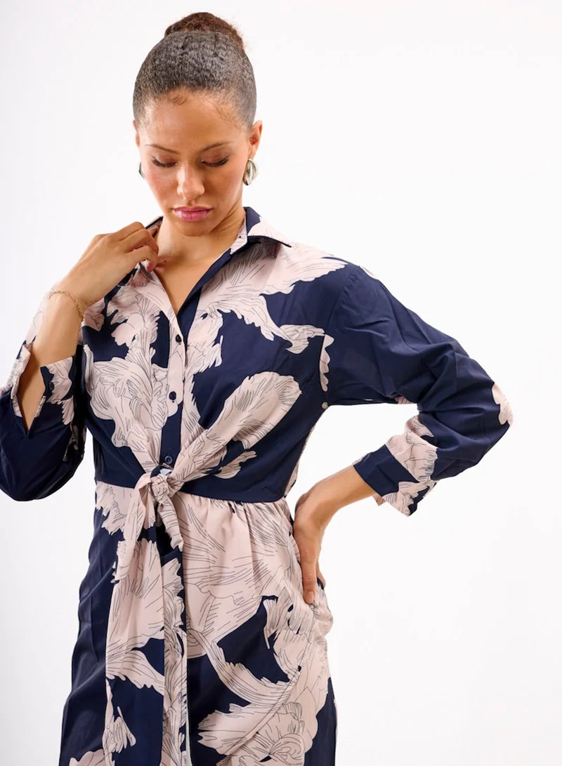 Needs No Label  Navy Leaf Tie Front Shirt Dress for Women | Best Price UAE