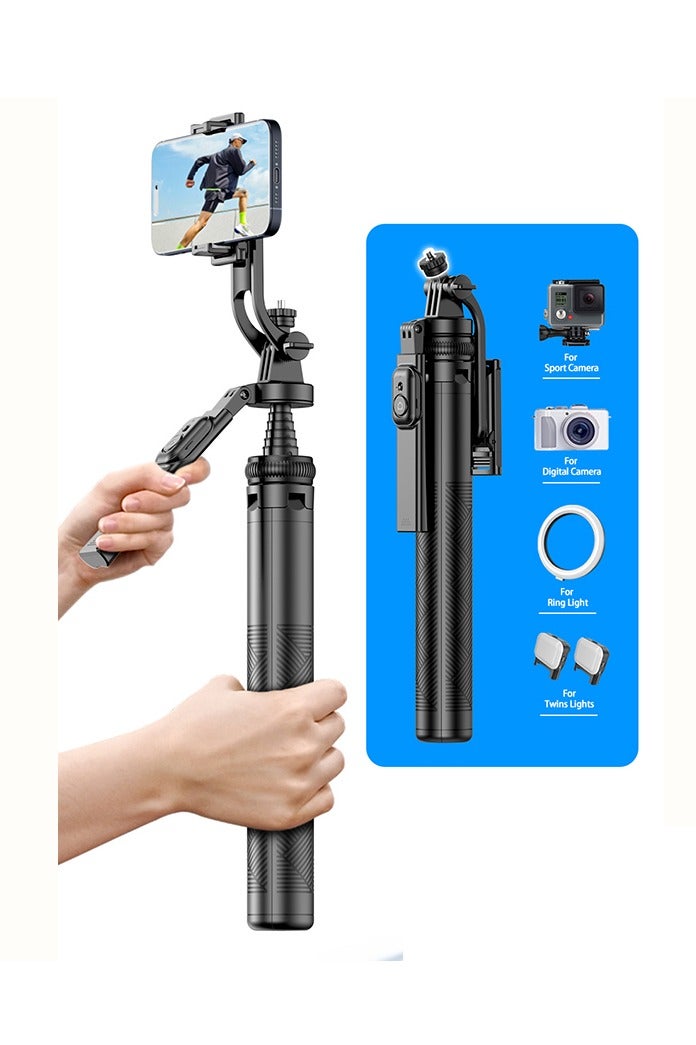 C18 70.86”extra long selfie sticks tripod,Balanced Shooting Quadripod stand with rechargeable Bluetooth remote control for mobile phones Black