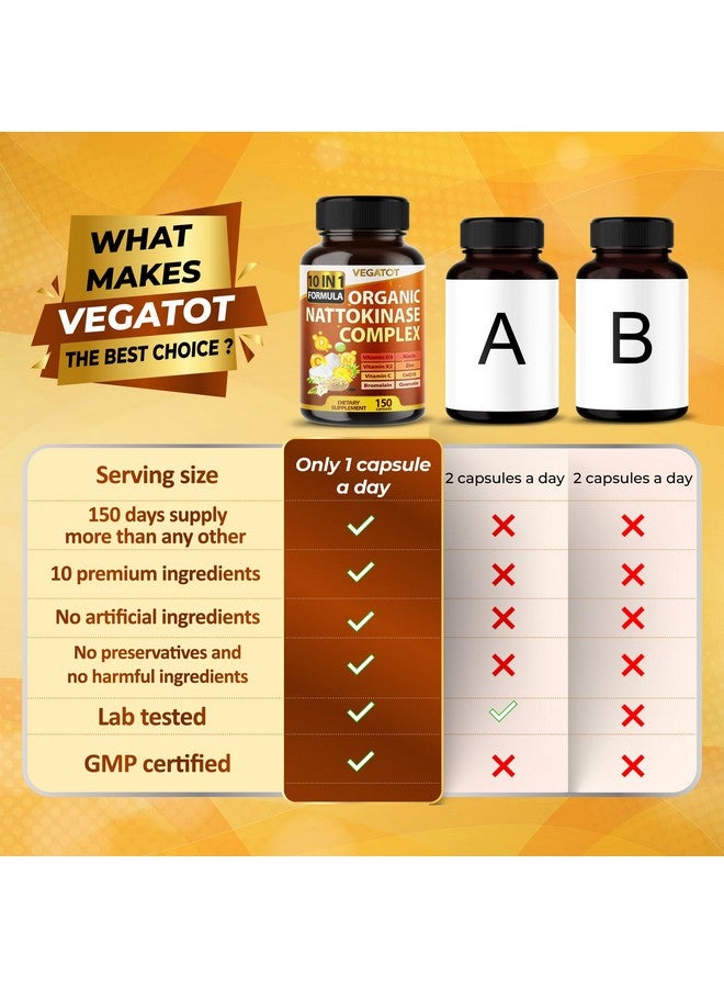 VEGATOT Organic Nattokinase Complex - 10IN1 Formula Vitamin D3, Niacin, Vitamin K2, Zinc, CoQ10, Quercetin - Made in The USA (150 Count (Pack of 1)) - Image 4