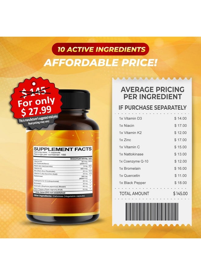 VEGATOT Organic Nattokinase Complex - 10IN1 Formula Vitamin D3, Niacin, Vitamin K2, Zinc, CoQ10, Quercetin - Made in The USA (150 Count (Pack of 1)) - Image 5