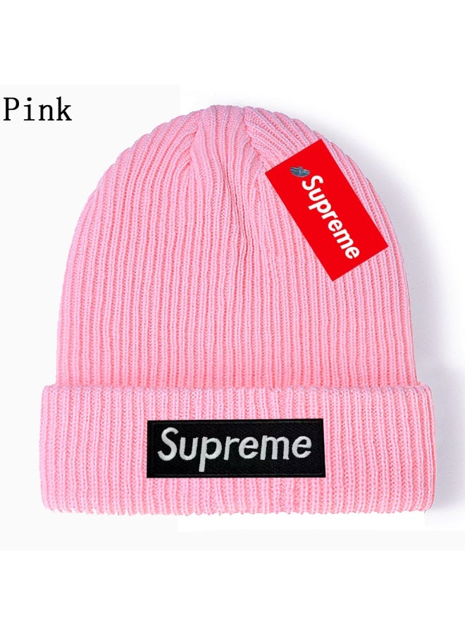 SUPREME Pastel Pink Ribbed Knit Beanie with Double Supreme Logos – Chic Cold-Weather Accessory 577Size