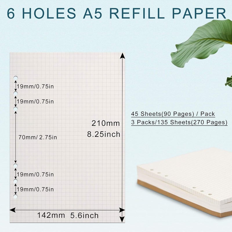 Toplive A5 Refill Paper, 3 Pack Thick 100GSM Squared Paper, 270 Pages for 6 Ring Binder Journal Notebook - Image 2