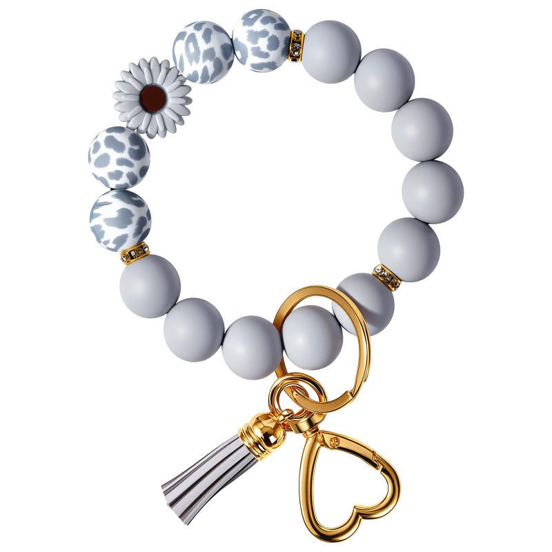 Weixiltc Silicone Bead Keychain Wristlet for Women, Charm Bracelet Key Chains, Car Key Rings Holder for Girls (Daisy Gray) - Image 1
