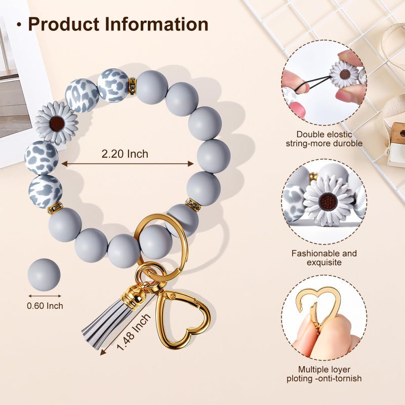 Weixiltc Silicone Bead Keychain Wristlet for Women, Charm Bracelet Key Chains, Car Key Rings Holder for Girls (Daisy Gray) - Image 2