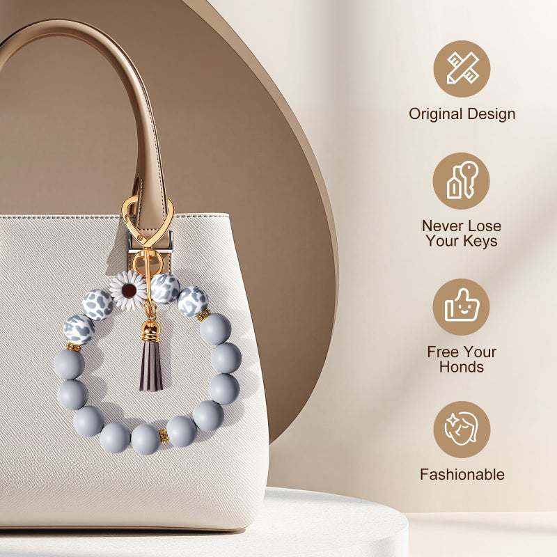 Weixiltc Silicone Bead Keychain Wristlet for Women, Charm Bracelet Key Chains, Car Key Rings Holder for Girls (Daisy Gray) - Image 3