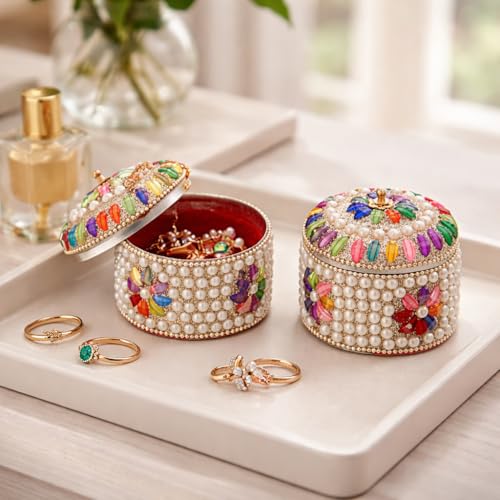 Craftam Pearl And Silver Stone Jewelry Box, Decorative Jewellery Dabbi Organizer for Rings, Earrings, Trinkets,Decorative Gift Box for Women (7×7×6 cm, Pack of 2) - Image 4