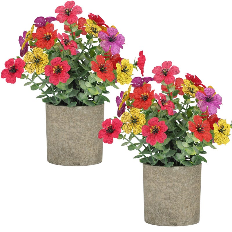 FAVOWREATH 2 Pack Small Fake Plants Potted Artificial Plants Artificial Flowers Potted Faux Flower Daisy with Eucalyptus Leaves for Home Decor Office Room Farmhouse Indoor Table Bathroom Decorï¼ˆColorfulï¼‰ - Image 1