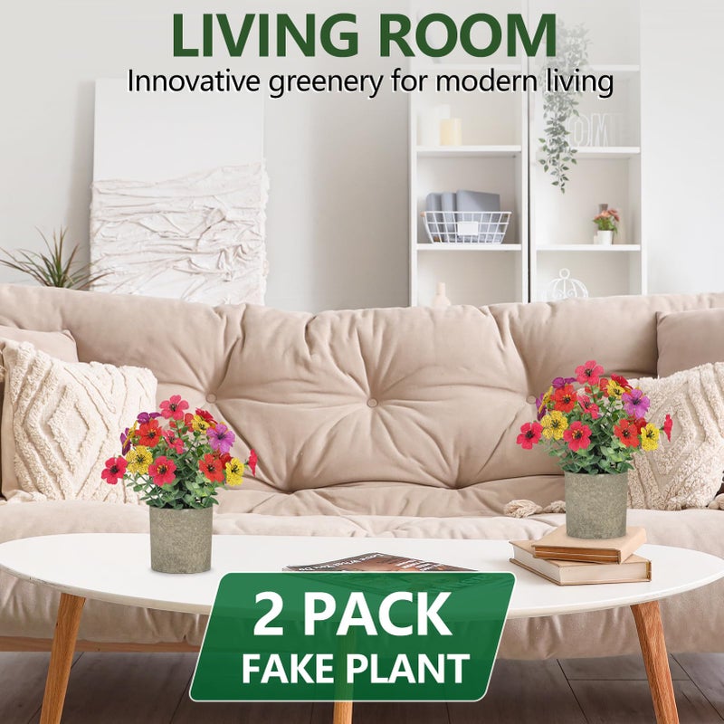 FAVOWREATH 2 Pack Small Fake Plants Potted Artificial Plants Artificial Flowers Potted Faux Flower Daisy with Eucalyptus Leaves for Home Decor Office Room Farmhouse Indoor Table Bathroom Decorï¼ˆColorfulï¼‰ - Image 5