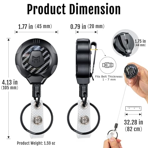 MNGARISTA Upgraded Heavy Duty Retractable Keychain with Belt Clip, 10 OZ Retraction, 31.5" Stainless Steel Cord Key Chain, 3K Carbon Fiber ID Badge Reel Holder with Badge Strap and Key Ring, 4 Pack - Image 4