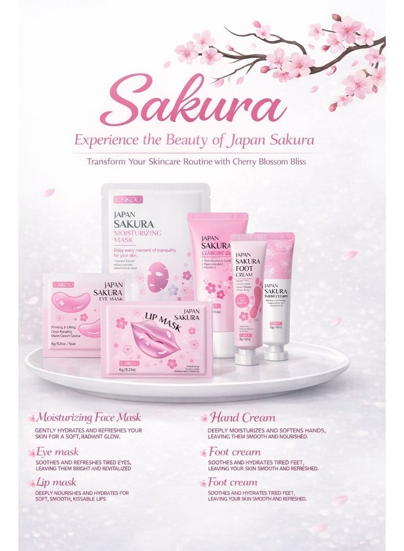 SAKURA 🌸 Japanese Cherry Blossom Skincare Travel Set for Girls | Face Mask, Lip Mask, Cleansing Gel, Hand & Foot Cream + Beauty Tools, Makeup Accessories, Spa Gift Kit 🌸 - Image 2