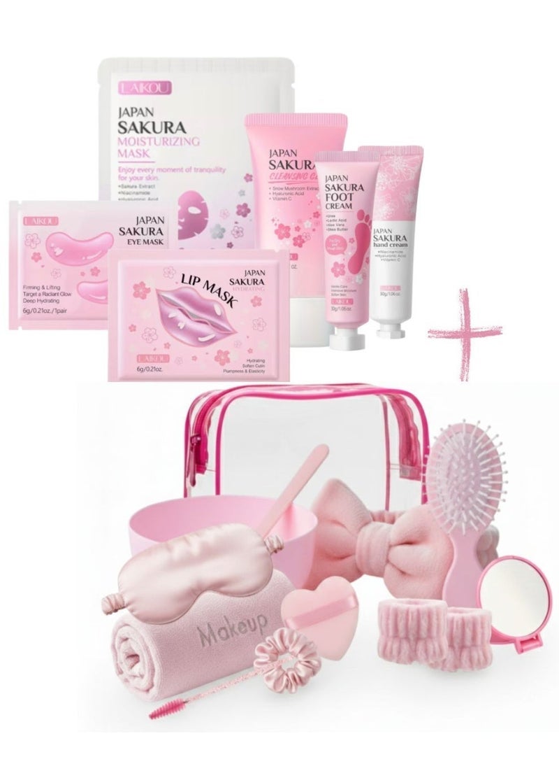 SAKURA 🌸 Japanese Cherry Blossom Skincare Travel Set for Girls | Face Mask, Lip Mask, Cleansing Gel, Hand & Foot Cream + Beauty Tools, Makeup Accessories, Spa Gift Kit 🌸 - Image 4