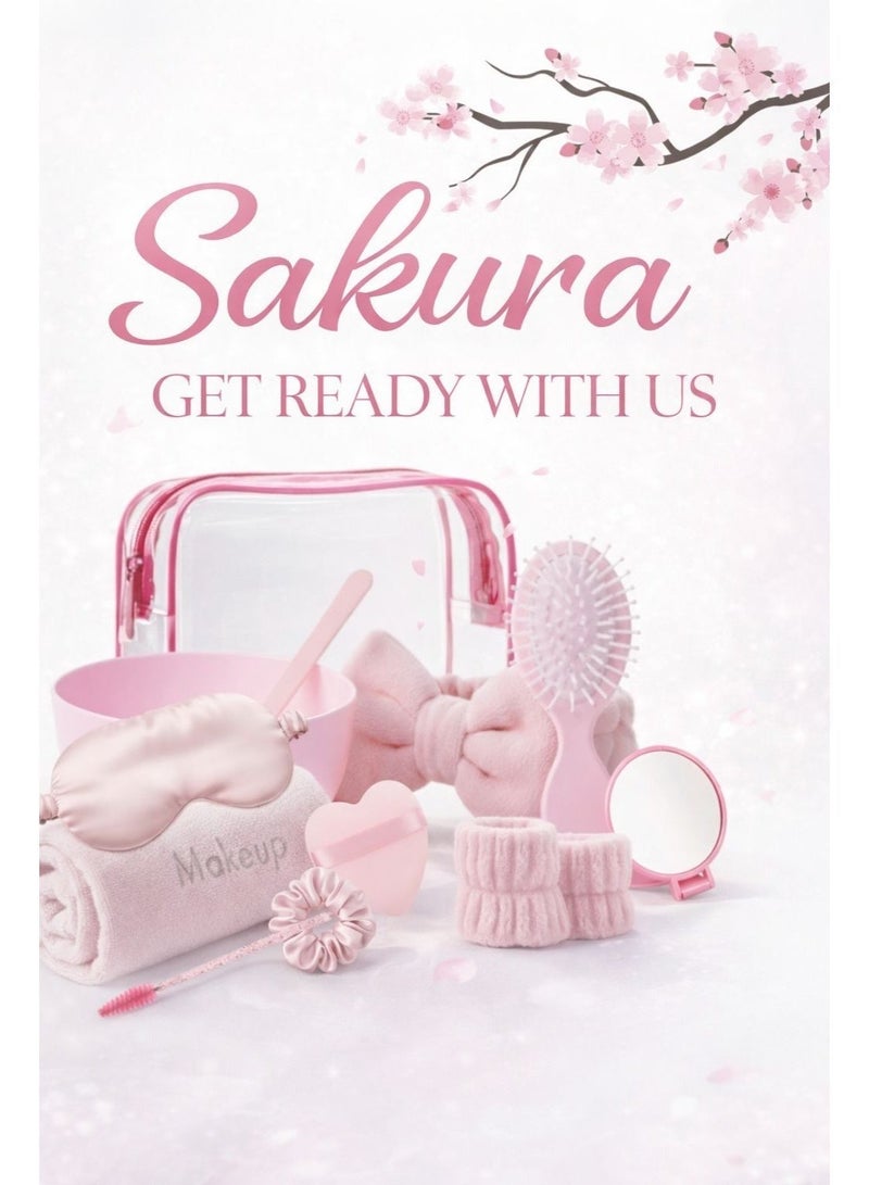 SAKURA 🌸 Japanese Cherry Blossom Skincare Travel Set for Girls | Face Mask, Lip Mask, Cleansing Gel, Hand & Foot Cream + Beauty Tools, Makeup Accessories, Spa Gift Kit 🌸 - Image 3